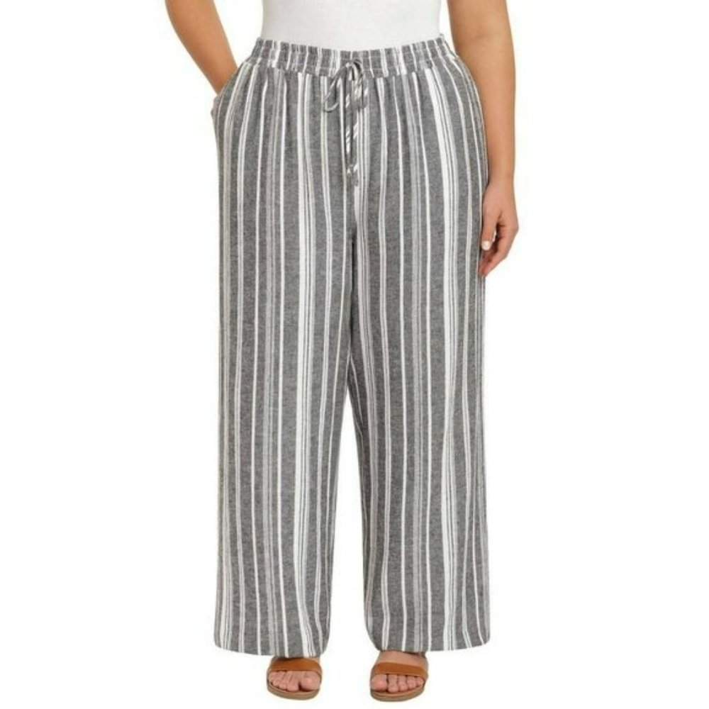 NWT Briggs Women's Wide Leg Lightweight Linen Blend 2 Pockets Striped Pants - Picture 7 of 9